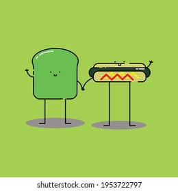 Cute avocado toast and hotdog hold hand Illustration. modern simple food vector icon, flat graphic symbol in trendy flat design style. Food character.