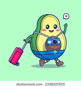 Cute Avocado Traveling With Camera Cartoon Vector Icon Illustration. Food Holiday Icon Concept Isolated Premium Vector. Flat Cartoon Style