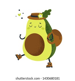 Cute avocado traveller go to adventure. Go vegan. Isolated cartoon character