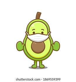 Cute avocado use mask protect from virus. Vector illustration of chibi character isolated on white background.