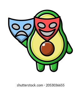 cute avocado using theater masks icon illustration vector graphic