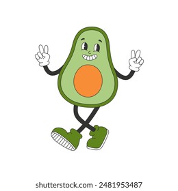 Cute avocado walking in groovy style. Cartoon character in trendy retro style. Isolated vector illustration. 
