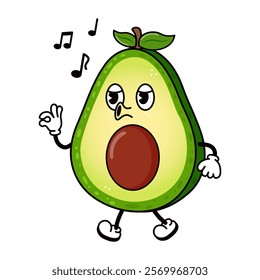 Cute Avocado walking singing character. Vector hand drawn Avocado character illustration. Isolated white background