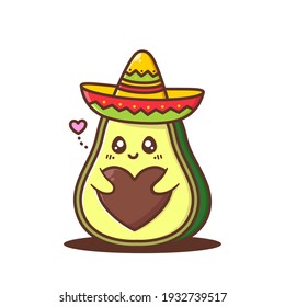 cute avocado waring sombrero with seed shaped heart