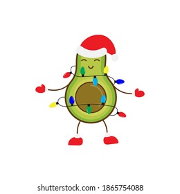 Un aguacate lindo con sombrero Santa y luces de cuerda planas de ilustración vectorial.