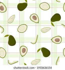 Cute avocado with white pattern green checkered minimalist. Summer texture, textiles, children wallpaper.