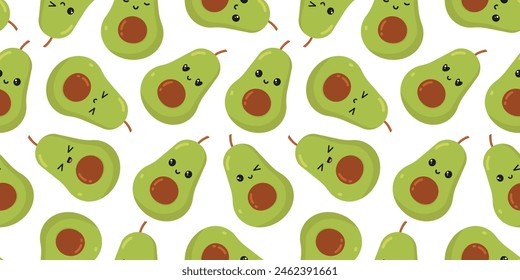 Cute avocados with kawaii eyes on white background. Vector seamless avocado pattern.