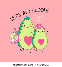 cute avocados in shopping  funny avocado characters  vector illustration 