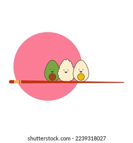 cute avocados,egg,rice stand on chinese stick