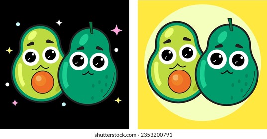 cute avocado.Vector flat cartoon character kawaii illustration icon. Isolated on black background.Fruit avocado face lovely vegan,vegetarian kids,children mascot,seed concept