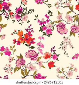 Cute awesome colorful garden fresh blossom flowers floral leaves illustration background seamless pattern repeat print textile fabric vector artwork