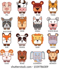 Cute Awesome Cool Cartoon Jungle Animals Head Collection Set Vector 