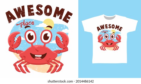 Cute awesome crab illustration t-shirt design vector concept.