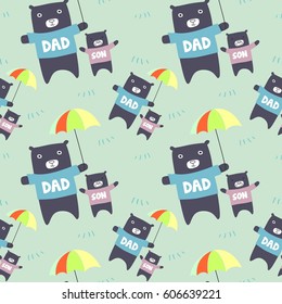 Cute awesome dad son bear holding umbrella. awesome t-shirt, mug, bag lunchbox, wallpaper, wrapper, poster and banner flat design for kids. vector illustration. seamless pattern