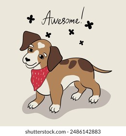 Cute and awesome dog with red scarf is standing and smiling. Card with brown dog in red scarf, brown dog with spots, in sitting pose. Character pretty dog card for print, package, greeting, invitation