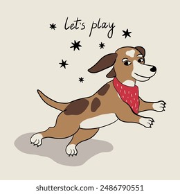 Cute and awesome dog with red scarf is going to play. Card with brown dog in red scarf, good dog with spots jumping and playing. Character pretty dog card for print, package, greeting, invitation