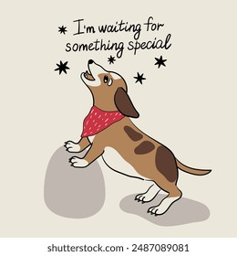 Cute and awesome dog with red scarf is standing and smiling. Card with brown dog in red scarf, brown dog with spots, in stand pose. Character pretty dog card for print, package, greeting, invitation