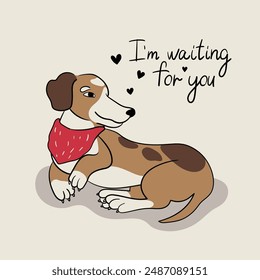 Cute and awesome dog with red scarf is standing and smiling. Card with brown dog in red scarf, good dog with spots waiting his owner. Character pretty dog card for print, package, greeting, invitation