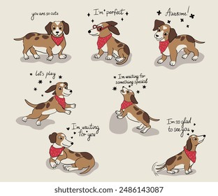 Cute and awesome dogs with red scarf poses set. Card with brown dog in red scarf, good dog with spots jumping, sitting and playing. Character pretty dog card for print, package, greeting, invitation.