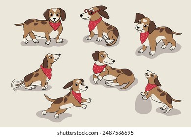 Cute and awesome dogs with red scarf poses set. Card with brown dog in red scarf, good dog with spots jumping, sitting and playing. Character pretty dog card for print, package, greeting, invitation.