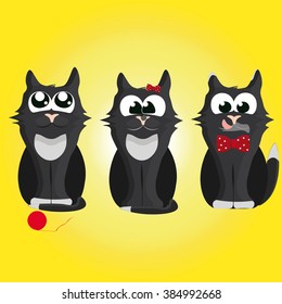 Cute awesome funny active kitties cats pet sitting with bow tie and clew accessories 