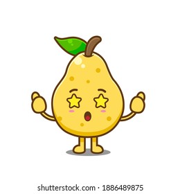 Cute awesome pear fruit. Vector illustration of chibi character isolated on white background.