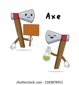 Cute ax with faces cartoon mascot hand drawn set isolated on white background