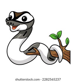 Cute axanthic pied ball python cartoon on tree branch