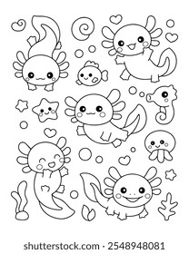 Cute axolotl ajolote doodle coloring page