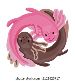 Cute axolotl (Ambystoma mexicanum), cartoon style vector illustration. Yin and yang. Pink and chocolate axolotl. Logo in a fashionable linear style.