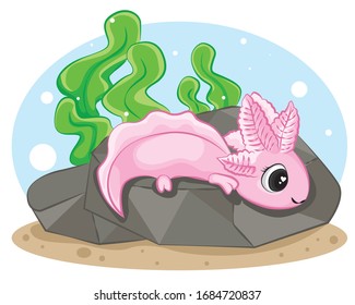 Axolotl cutáneo (Ambystoma mexicanum) en roca con fondo de coral y azul. Dibujo animal, divertida ilustración de caricaturas. Diseño estilo anime.