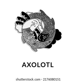 Cute axolotl (Ambystoma mexicanum), vector icon in monochrome. Yin and Yang. White and black axolotl. Fantasy patterns on reptile backs. Logo in fashionable linear style.      