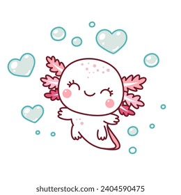 Cute axolotl among the bubbles of hearts. Valentine's day. Kawaii style. Doodle. 