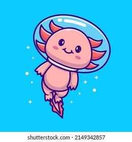 Cute Axolotl Astronaut Swimming Floating In Space Cartoon Vector Icon Illustration. Science Animal Icon Concept Isolated Premium Vector. Flat Cartoon Style