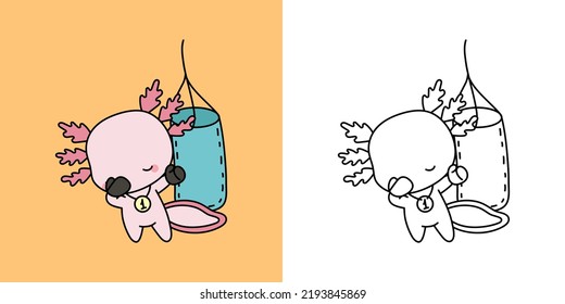 Cute Axolotl Athlete Clipart for Coloring Page and Illustration. Happy Amphibian Sportsman. Vector Illustration of a Kawaii Animal for Stickers, Prints for Clothes, Baby Shower, Coloring Pages.
