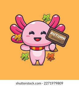 Cute axolotl with autumn sign board cartoon vector illustration