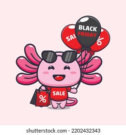 cute axolotl with balloon and shopping bag in black friday
