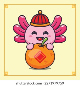 Cute axolotl with big orange in chinese new year. 