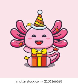 Cute axolotl in birthday party cartoon vector illustration