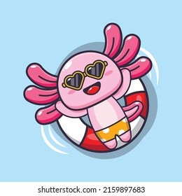 Cute axolotl Cartoon Maskottchen-Charakter schwimmen am Strand auf Boy