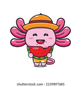 
Cute axolotl cartoon mascot character eat fresh watermelon