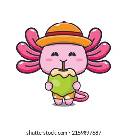 Cute axolotl Cartoon Maskottchen-Charakter trinken Kokosnuss