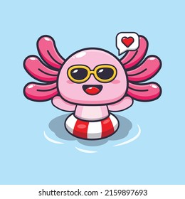 Cute axolotl cartoon mascot character swimming on pool