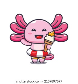 Cute axolotl cartoon mascot character with ice cream on beach