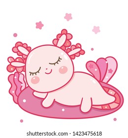 Cute axolotl cartoon sleep posture in pastel color, baby amphibian drawing, Ambystoma mexicanum, magic sleeping time for sweet dream, Kawaii animal vector in Flat style design- Perfect for kid's card