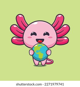 Dibujo axolotl lindo ilustración vectorial abrazando la tierra.