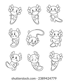 Cute axolotl character. Coloring Page. Kawaii ambystoma amphibian different poses and emotions, love, joy, sadness, anger. Vector drawing. Collection of design elements.