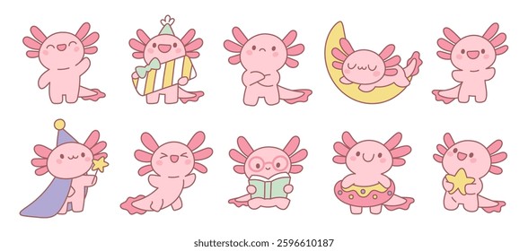 Cute axolotl character. Funny newt, pink kawaii aquatic amphibian, cartoon salamander, kids mascot, different actions, funny reptile, tropical pet, stickers collection, garish vector set