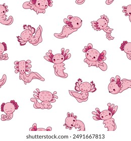 Cute axolotl character. Seamless pattern. Kawaii ambystoma amphibian different poses. Vector drawing. Design ornaments.