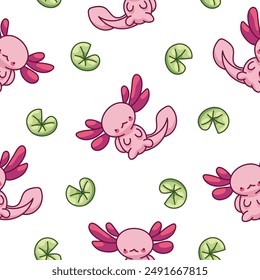 Lindo carácter axolotl. Patrón sin costuras. Kawaii ambystoma anfibio diferentes poses. Dibujo de Vector. Diseñar adornos.